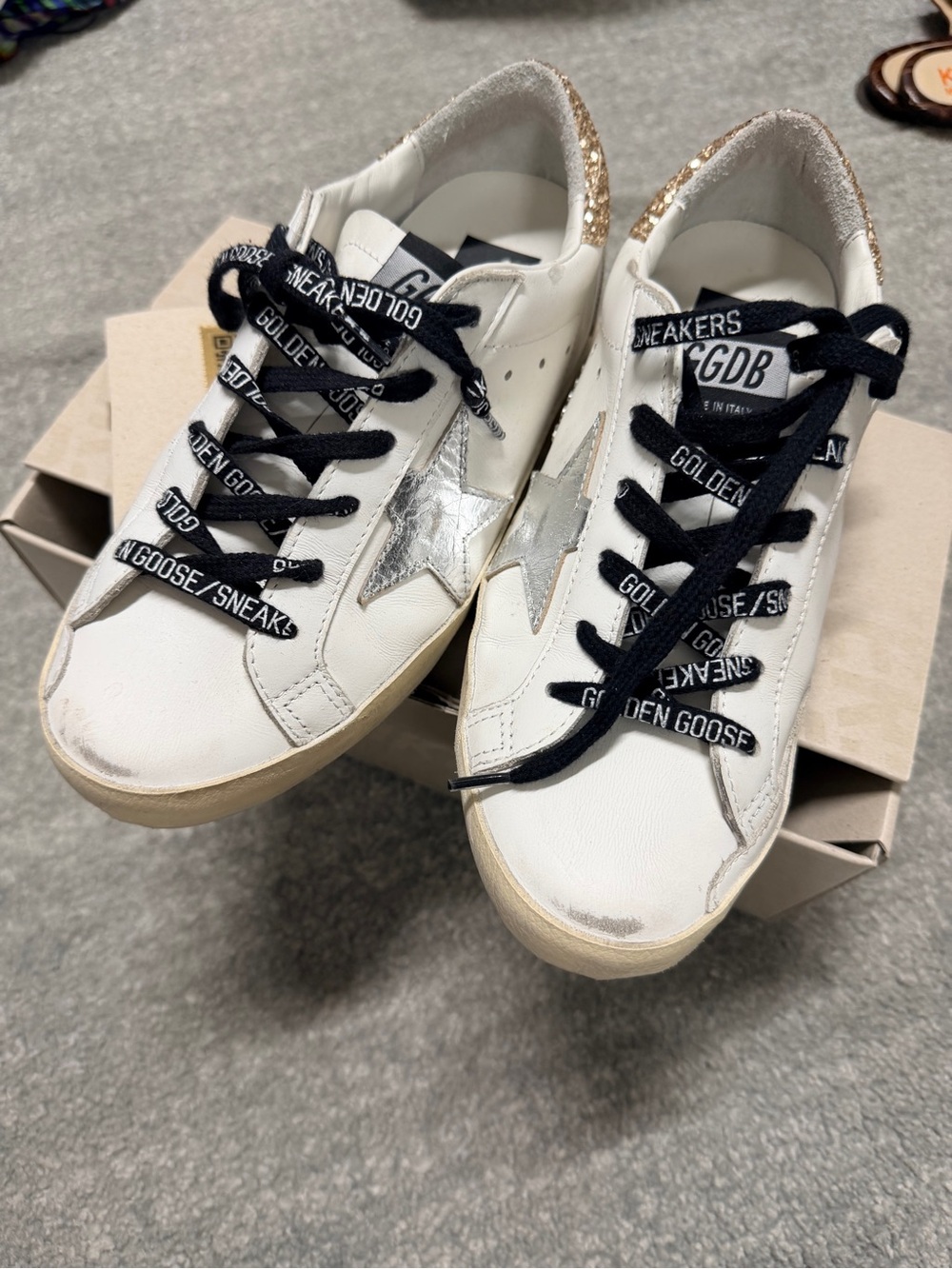 Golden Goose White Sneakers with Silver Star and Gold Heel